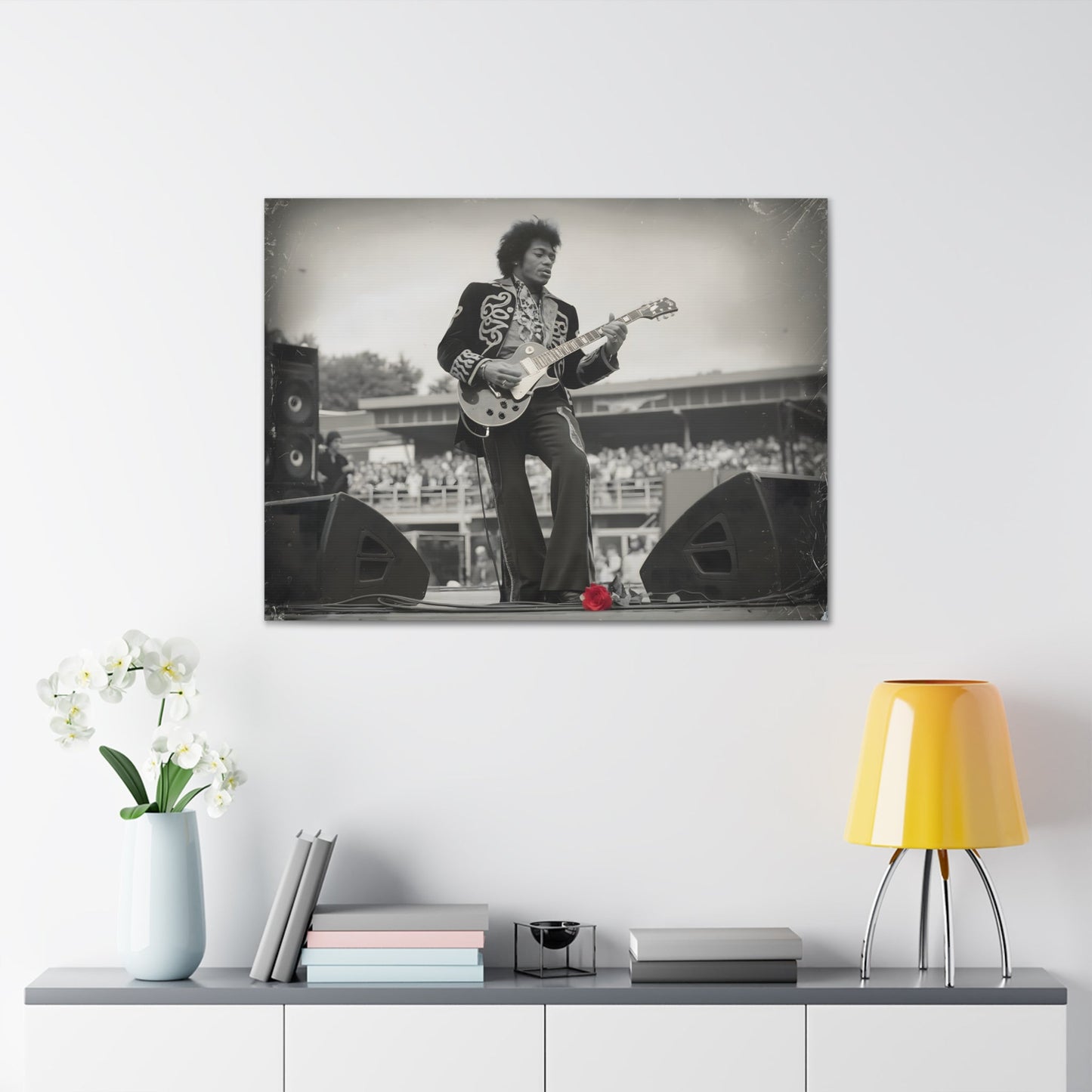 Vintage-Style Jimi HendrixVintage-Style Jimi Hendrix Performance Photo - Unique Black-and-White CanvasExperience the raw energy of Jimi Hendrix in this vintage-style black-and-white photo. This unique art print captures the iconic guitarist mid-performance, surrounde