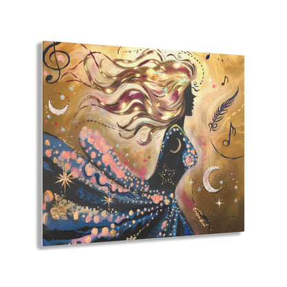 Abstract painting of a woman with golden hair, surrounded by stars and musical notes, on a celestial background.