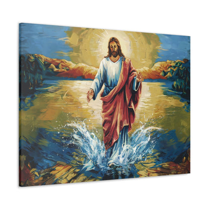 Jesus Christ Walking on Water Painting - Divine Radiance fine art print with vibrant colors on canvas.