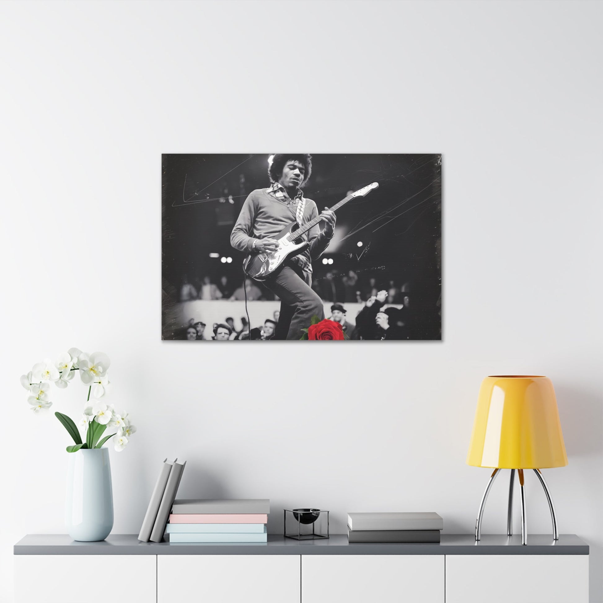 Jimi Hendrix Vintage PerformanceTimeless Passion: Jimi Hendrix Vintage Performance | Canvas Gallery WrCanvasJimi Hendrix Vintage Performance | Canvas Gallery Wrap | Iconic Rock Wall Art
Jimi Hendrix Vintage Photo Art - Black and White with Red Rose Accent
 Experience the r