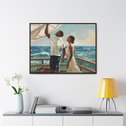 African American couple painting on coastal deck, capturing serene beach scene with vibrant brushstrokes.