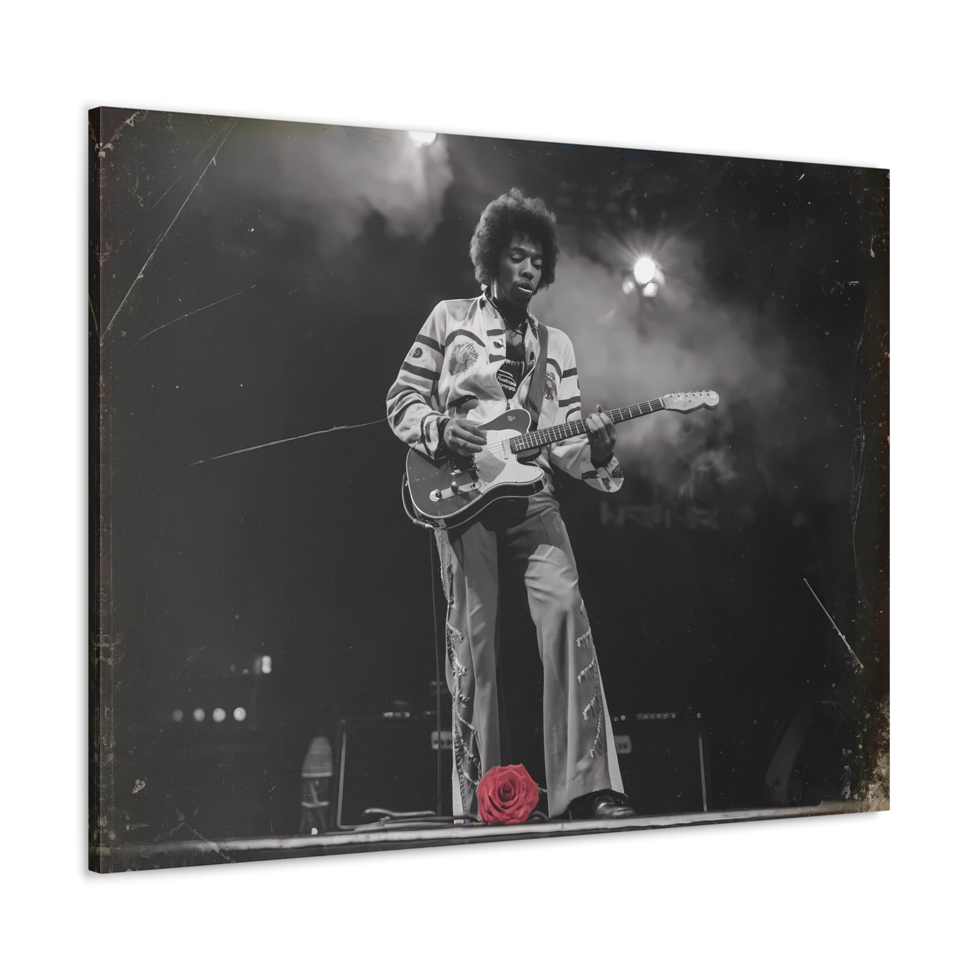 Jimi Hendrix Timeless Passion: Jimi Hendrix Vintage Performance | Canvas Gallery WrCanvasJimi Hendrix Vintage Photo Art - Black and White with Red Rose AccentExperience the raw energy of Jimi Hendrix through this unique vintage-style canvas. Bring the s