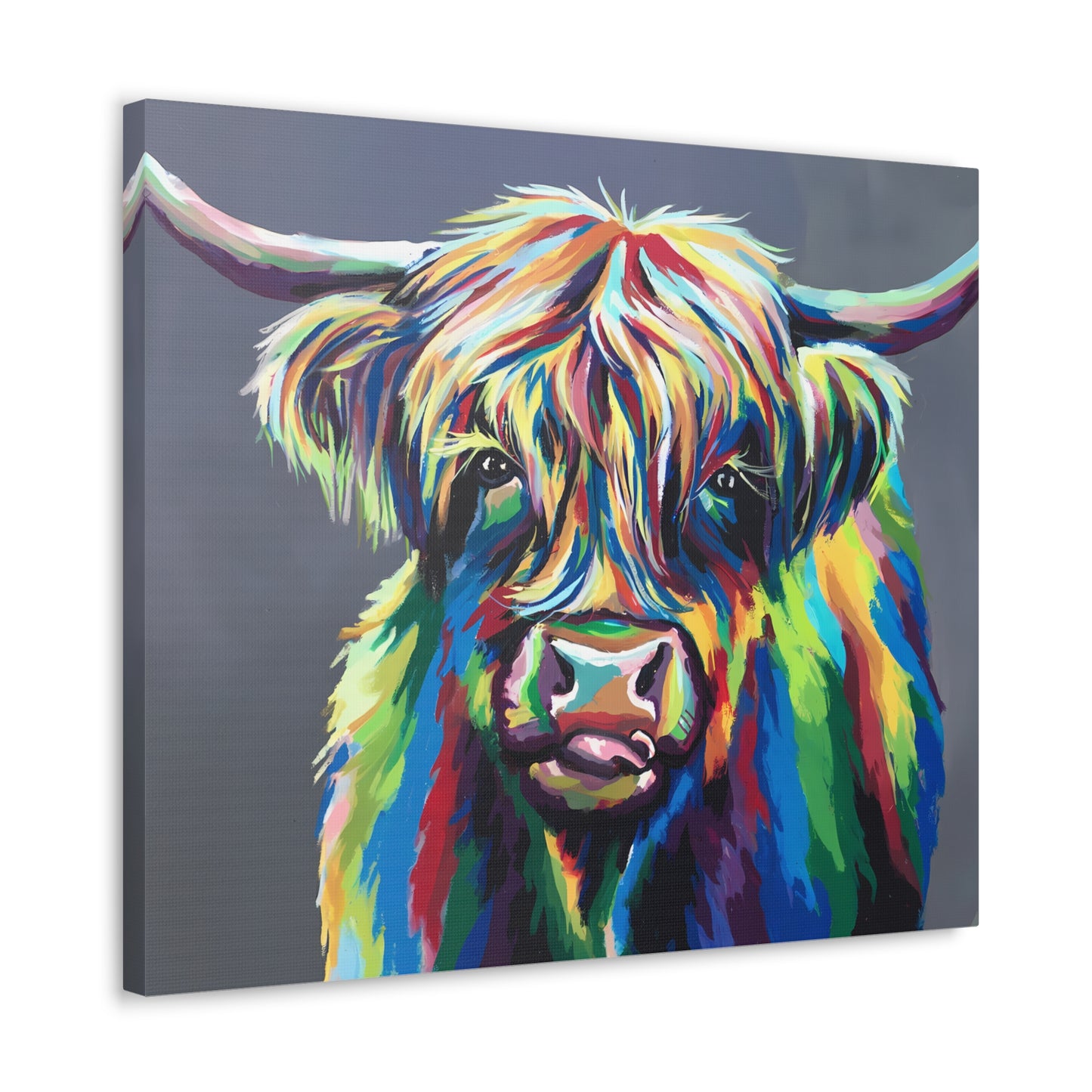 Vibrant Rainbow Highland Cow Canvas Print - "MooPhi The Cow" Colorful Scottish Wall Art