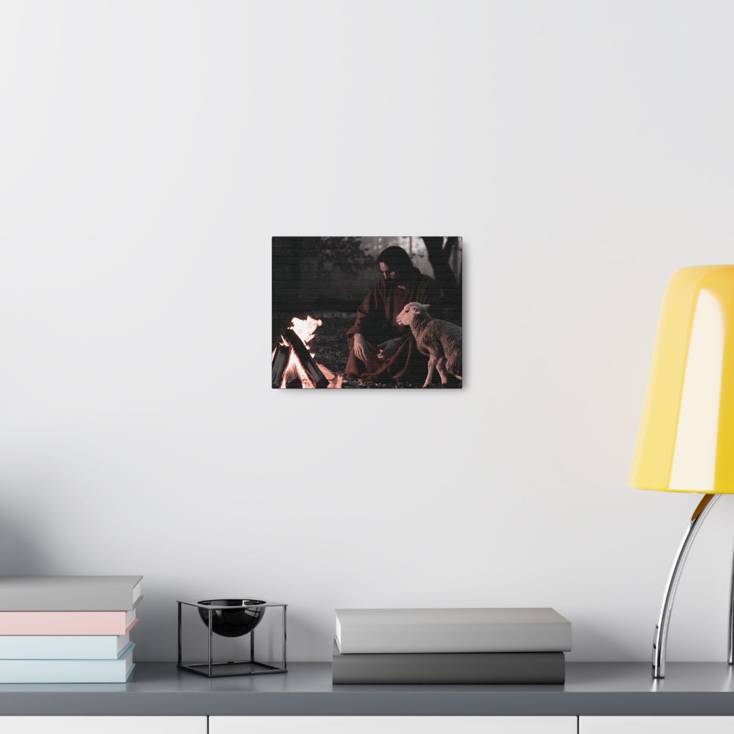 Limited edition Jesus painting with lamb and sacred flame, Christian wall art decor, canvas gallery wrap.