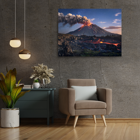 Dramatic Volcano Landscape canvas depicting active volcano with glowing lava, ash plume, starry night sky.