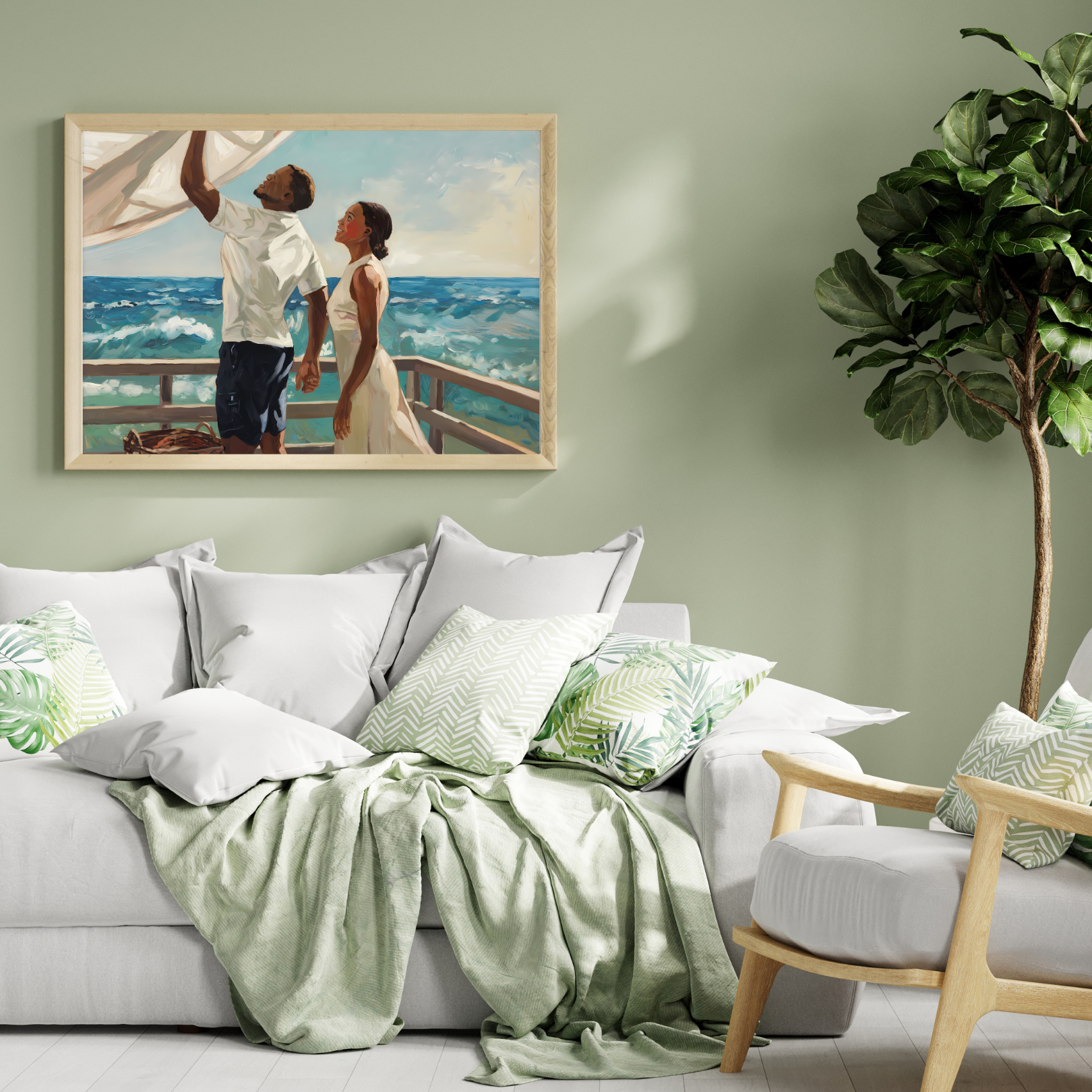 African American couple painting on a coastal deck with ocean view; serene and romantic decor piece.