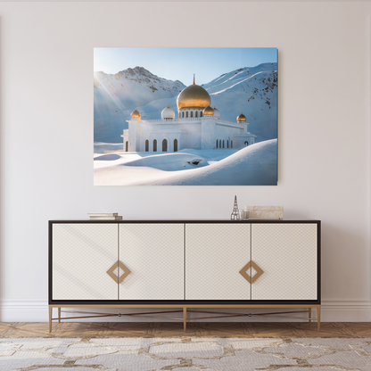 Ethereal Sanctuary: Majestic White Mosque with Golden Domes - Landscape Photography Art Arab