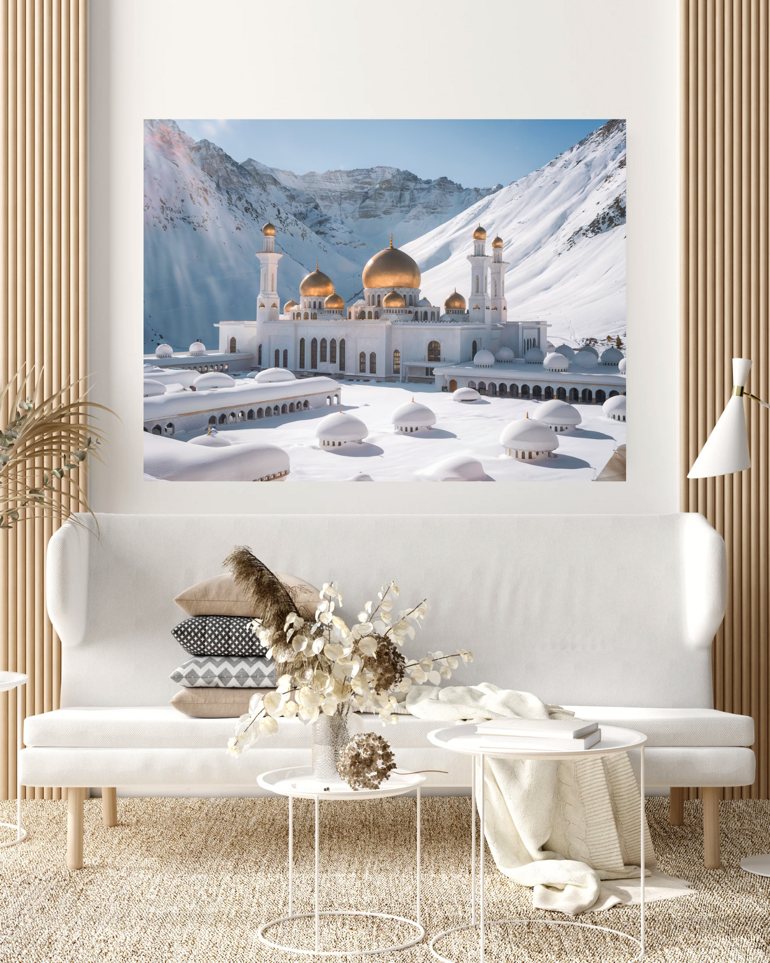 Winter Sanctuary: Majestic White Mosque with Golden Domes - Wall Art