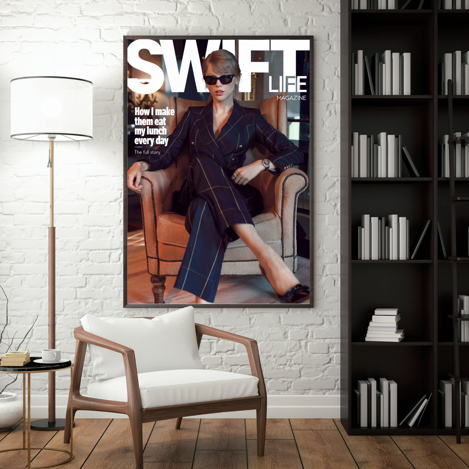 Taylor Swift "Swift Life" magazine cover art framed poster in luxury living room setting.