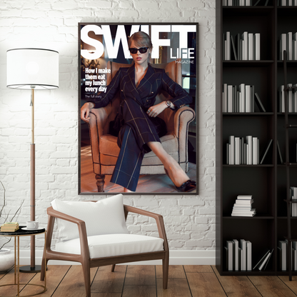 Taylor Swift "Swift Life" magazine cover art framed poster in luxury living room setting.