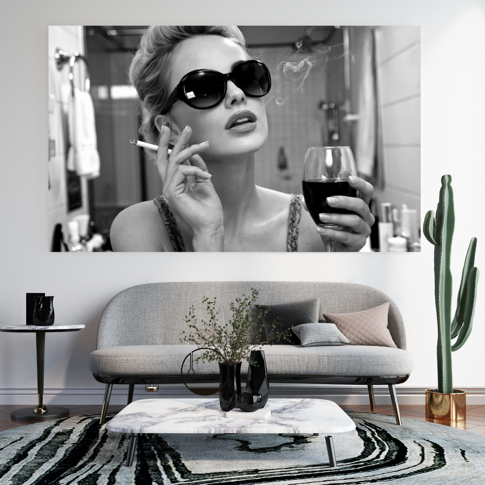 Vintage Black and White Pictures Wall Art Decor: Retro Glamour Bathroom Shot Image- Canvas Wall Decor