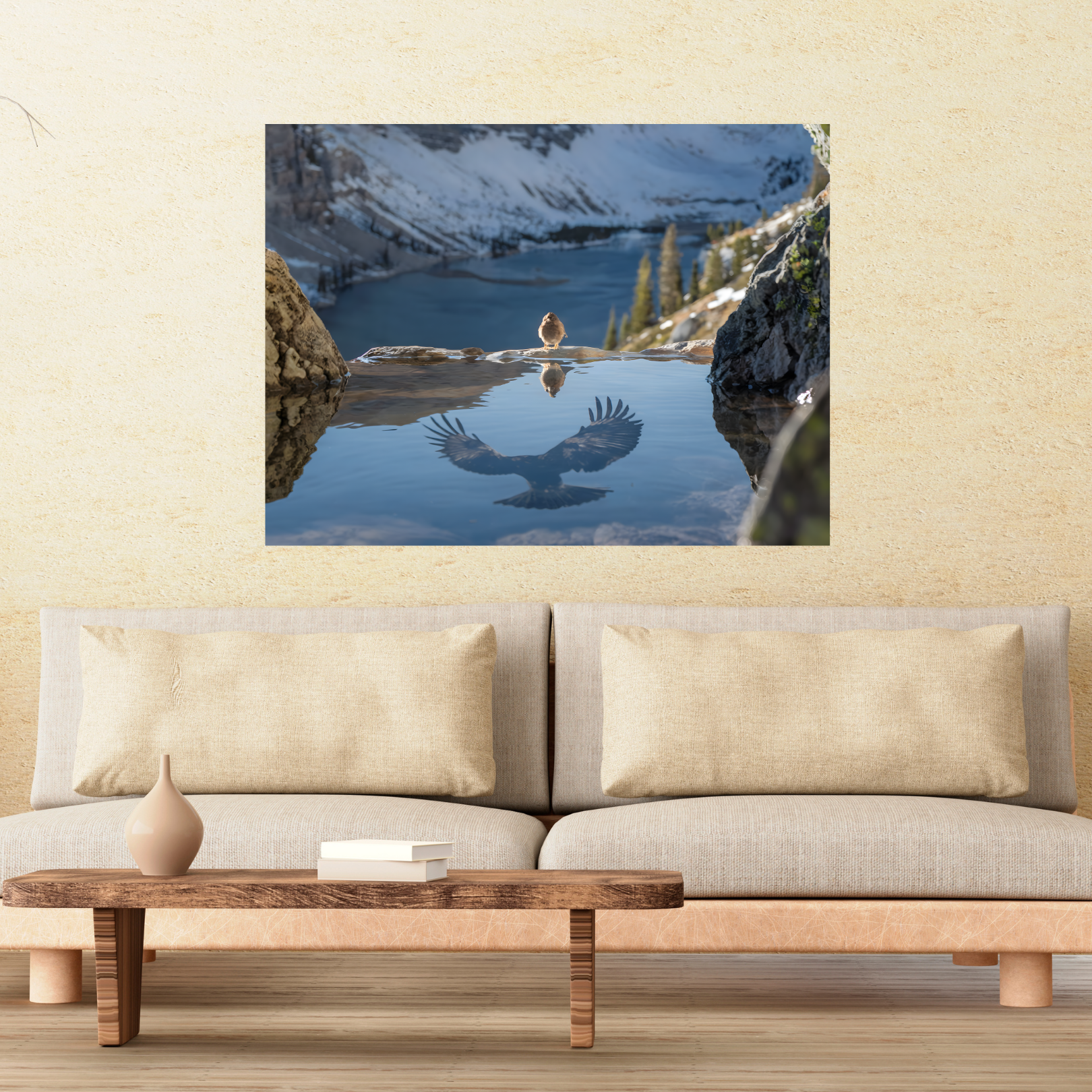 Mountain Lake Wildlife Photography: Alpine landscape canvas wall art featuring a sparrow and eagle reflection.