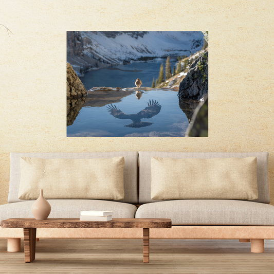 Mountain Lake Wildlife Photography: Alpine landscape canvas wall art featuring a sparrow and eagle reflection.