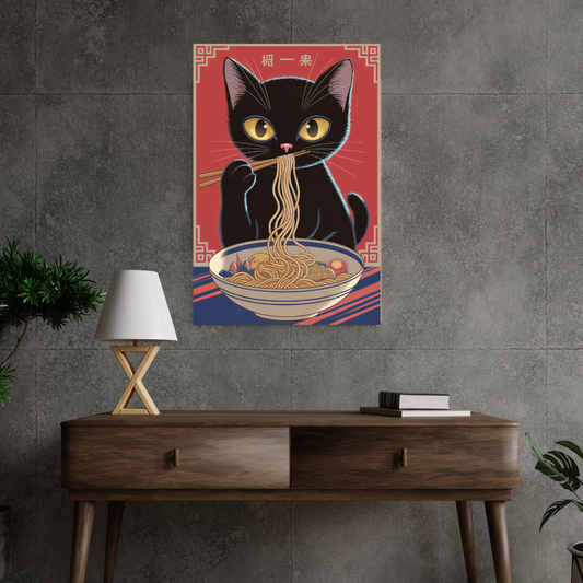 Funny cat eating ramen wall art canvas, kawaii anime-inspired decor, perfect for cat and ramen lovers.