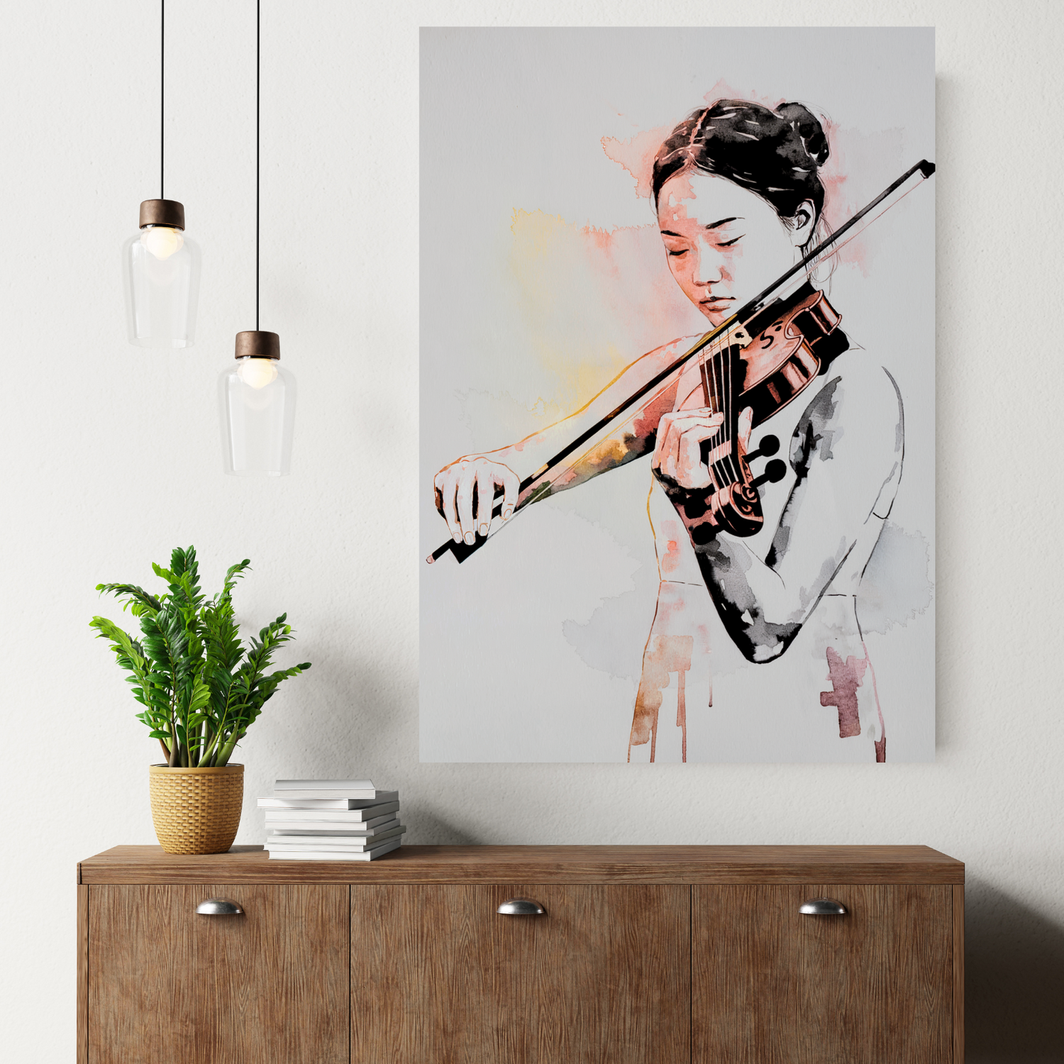 MinimalisMinimalist Watercolor Violinist Canvas Art - Abstract Musical Elegance - Canvas Gallery Wrapst watercolor canvas art of a young woman playing violin with abstract elements and soft pastel hues.