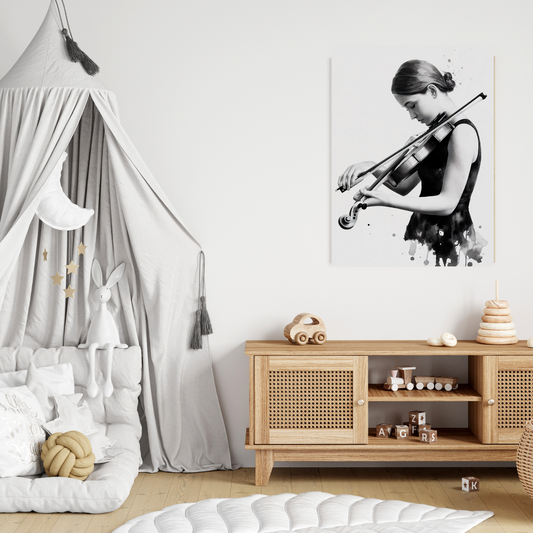 Minimalist watercolor canvas art featuring a violinist, set against a serene