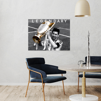 Lionel Messi Poster holding championship trophy vintage canvas wall art in modern room setting.