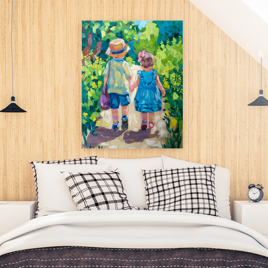 Childhood Stroll Nature Canvas Wall Art - Vibrant Oil Painting Print, Vertical Frame