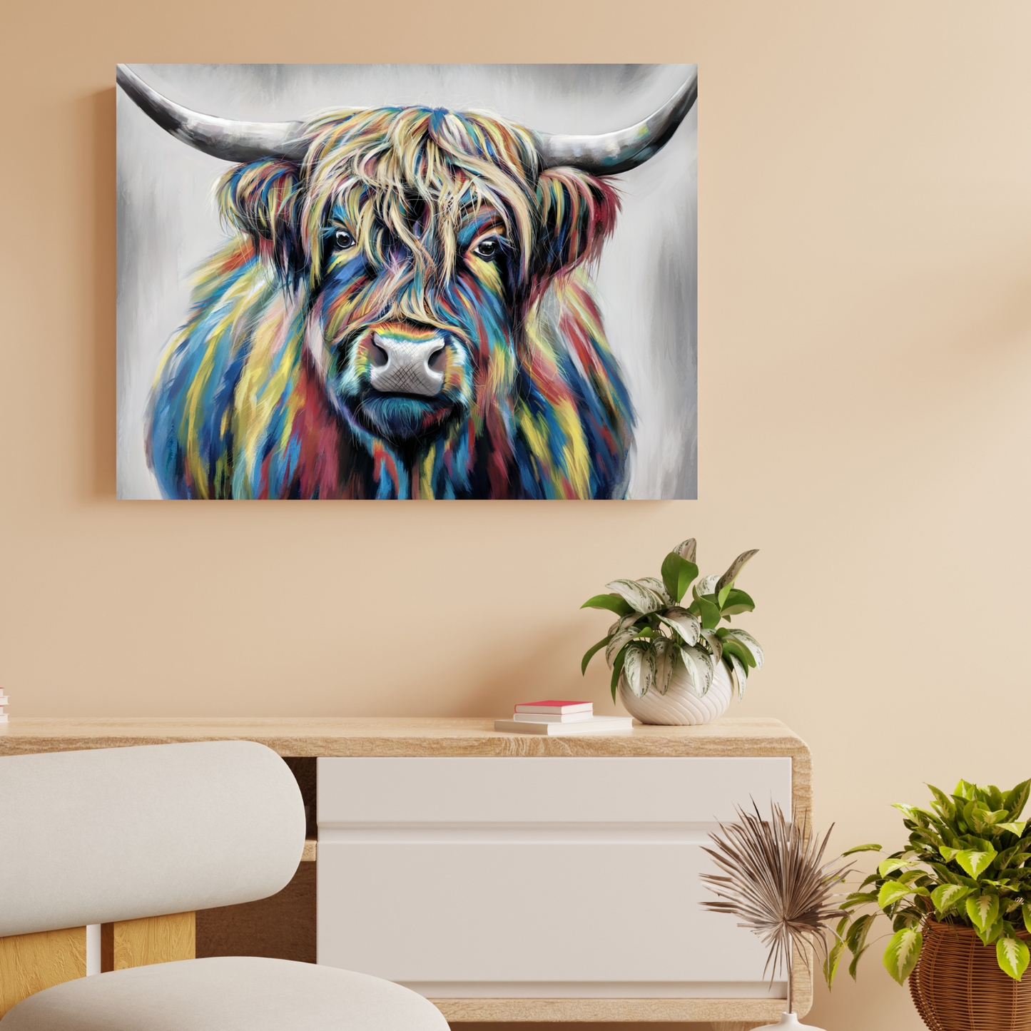 Rainbow Highland Cow Art | MooPhi the Cow | Colorful Animal Wall Decor - Canvas Gallery Wraps