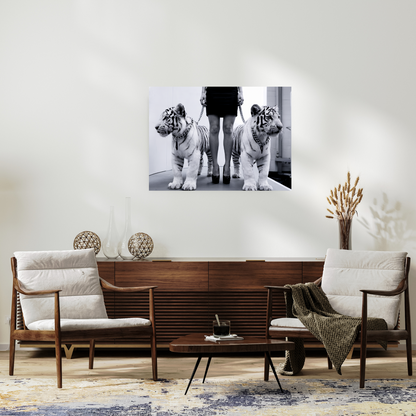 "Tiger Queen" Black & White Photo of Woman with White Tiger Cubs | Studio Art Photography | Modern Wall Art |Canvas Gallery Wraps