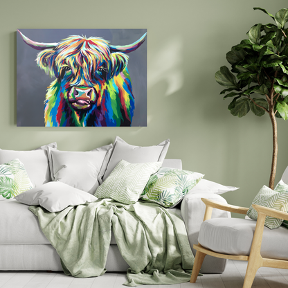 Vibrant Rainbow Highland Cow Canvas Print - "MooPhi The Cow" Colorful Scottish Wall Art