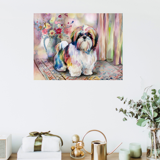 Curly-Sue Shih Tzu Watercolor Art | Dreamy Floral Background Decor | Patterned Rug Dog Painting |- Canvas Gallery Wraps