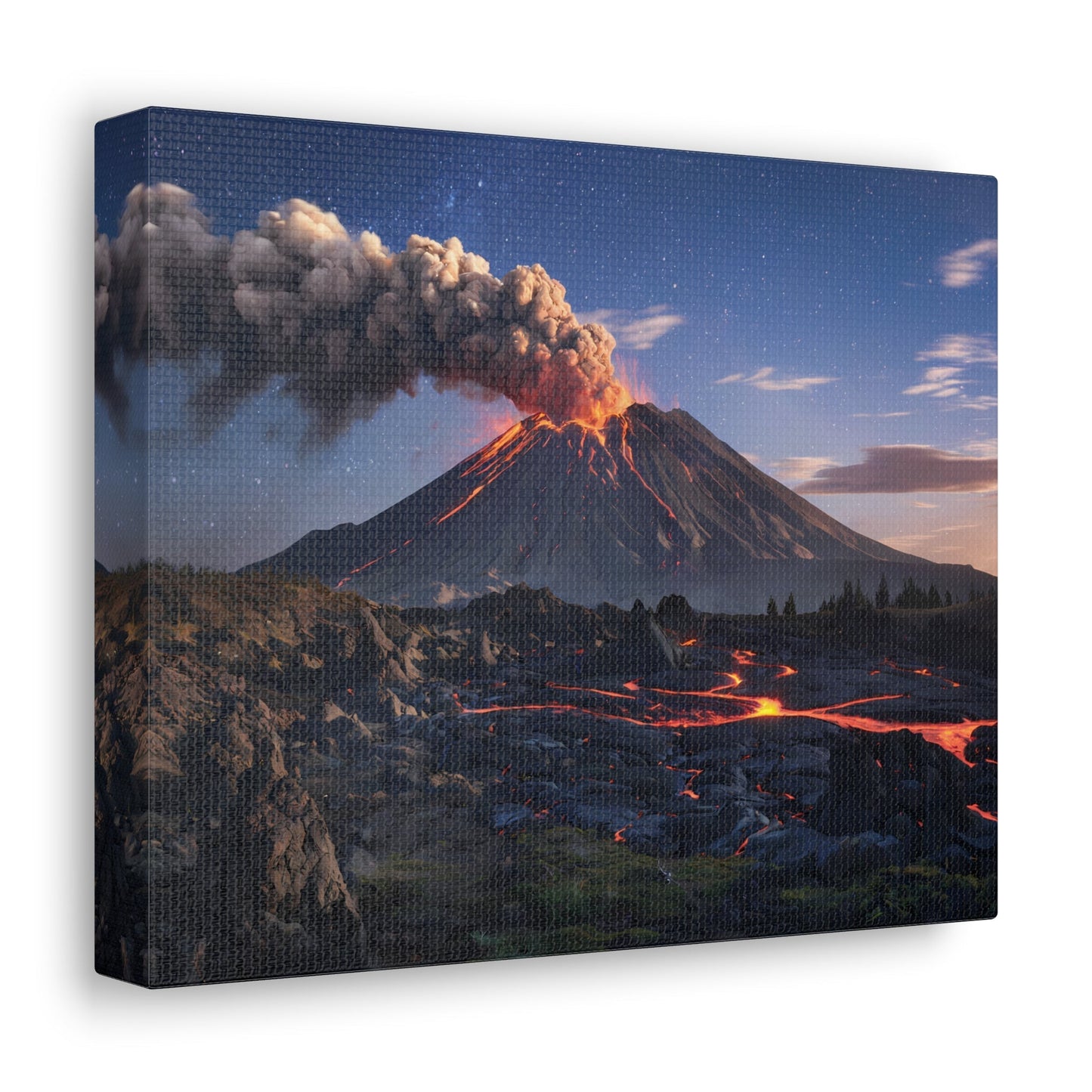 Dramatic volcano landscape canvas with erupting lava, ash plume, starry night sky.