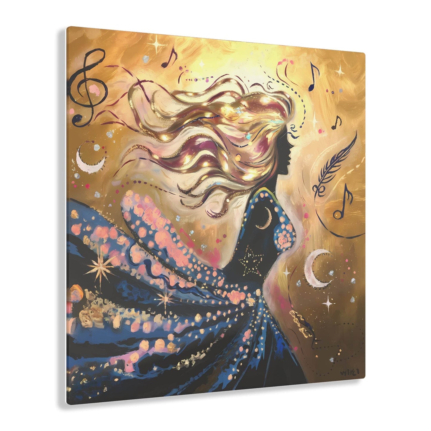 Abstract painting of a cosmic woman with golden hair amid stars and musical notes.