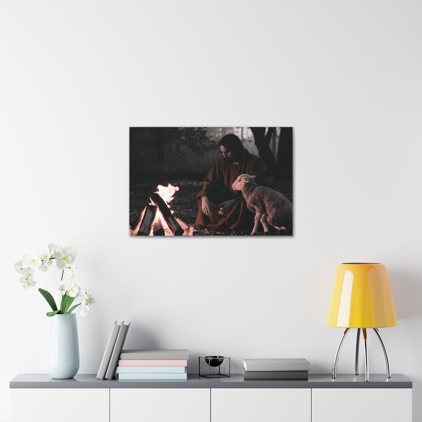 Limited edition Jesus painting with lamb and sacred flame, Christian wall art decor.