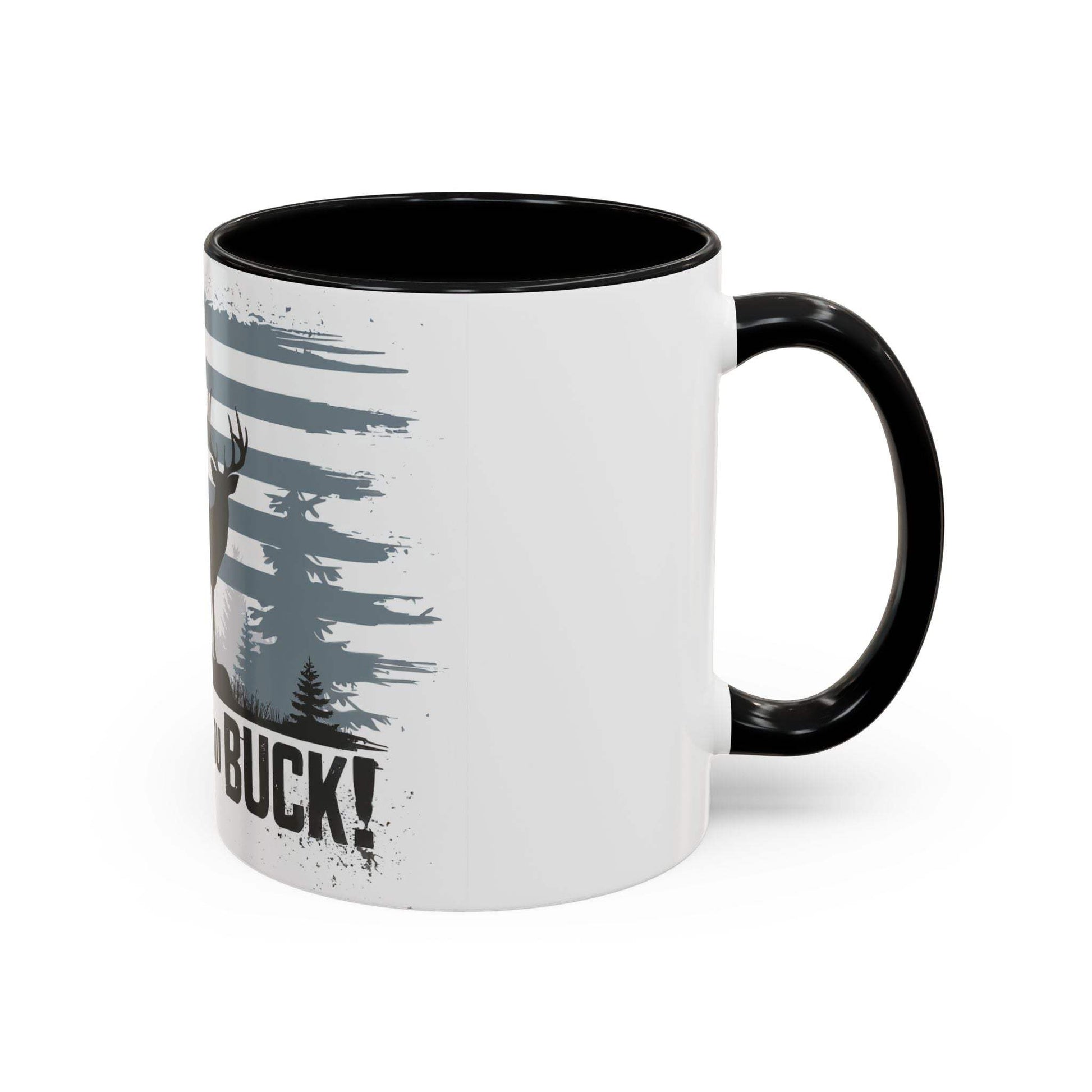 Ceramic coffee mug with hunting theme, featuring a buck and American flag design, available in 11oz and 15oz sizes.