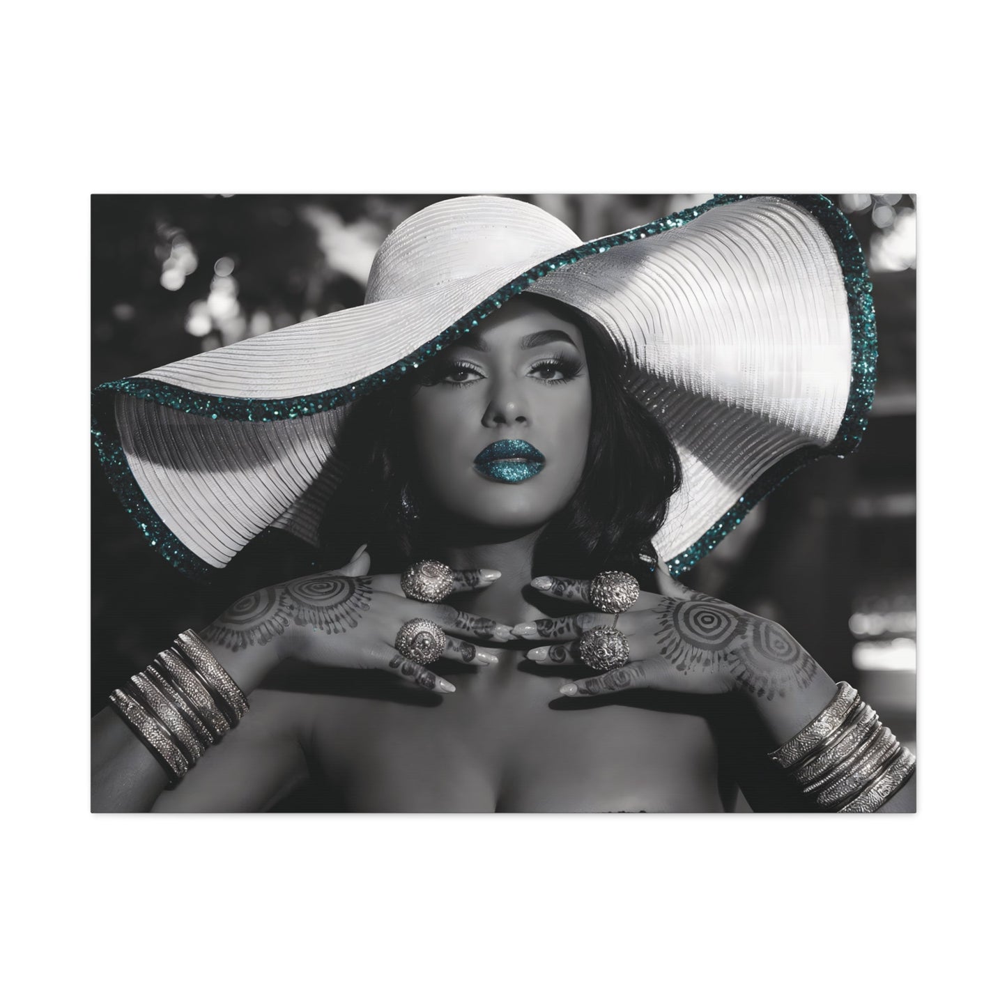 Black and white portrait of a confident woman in Vogue-style with a wide-brimmed hat, blue glitter lipstick, and intricate mendhi designs.