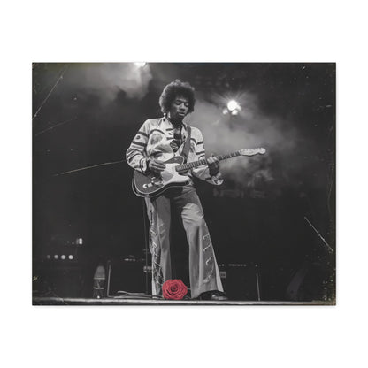 Jimi Hendrix Timeless Passion: Timeless Passion: Jimi Hendrix Vintage Performance | Canvas Gallery WrCanvasJimi Hendrix Vintage Photo Art - Black and White with Red Rose AccentExperience the raw energy of Jimi Hendrix through this unique vintage-style canvas. Bring the s