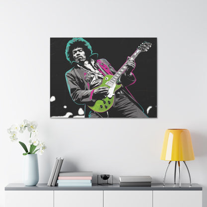 Jimi Hendrix pop art canvas with neon green guitar, perfect for music room decor.