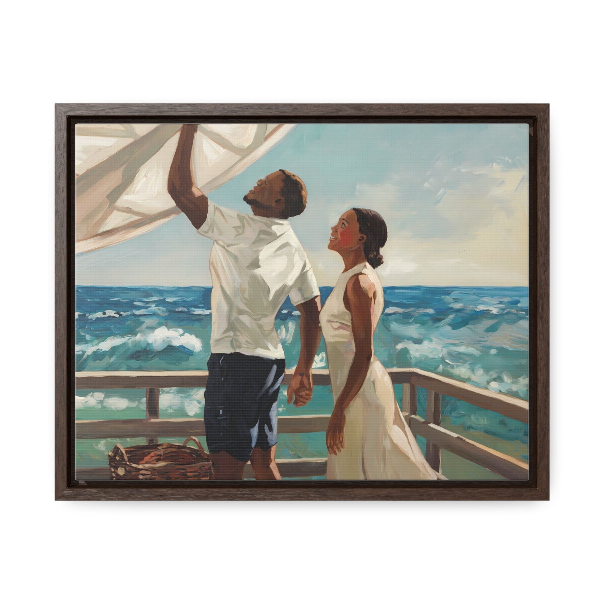 African American couple painting on deck, coastal scene, canvas wrap, art gift.