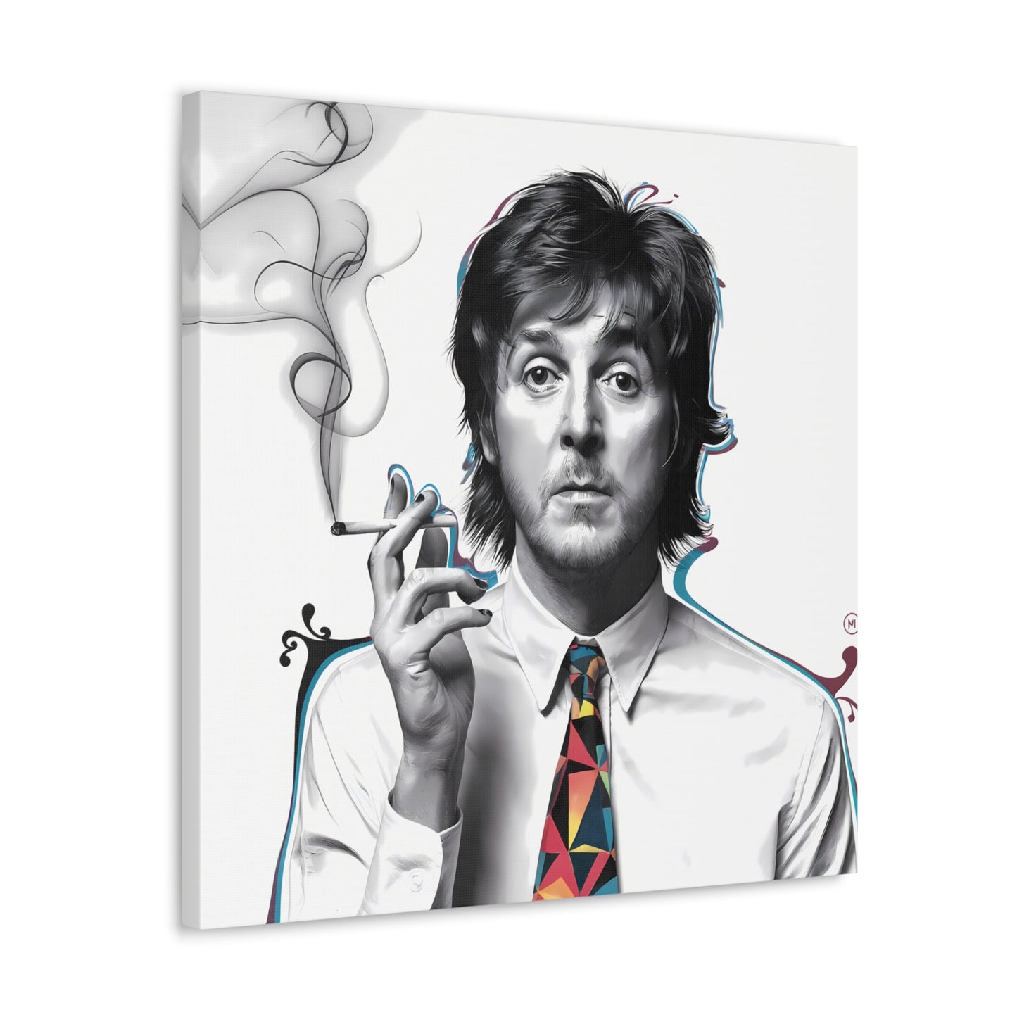 Paul McCartney Art surrealist portrait with cigarette and geometric tie on canvas gallery wrap.