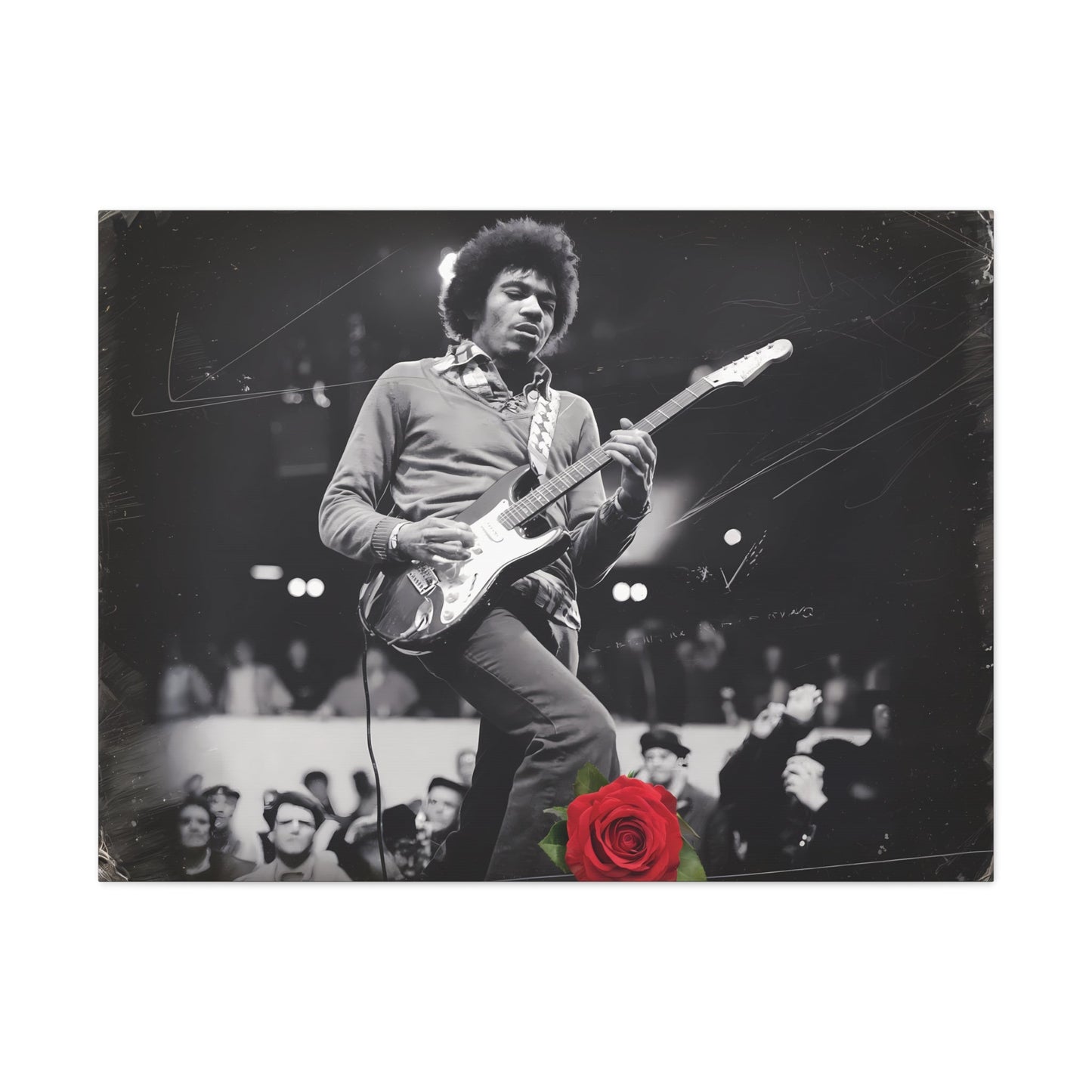 Jimi Hendrix Vintage PerformanceTimeless Passion: Jimi Hendrix Vintage Performance | Canvas Gallery WrCanvasJimi Hendrix Vintage Performance | Canvas Gallery Wrap | Iconic Rock Wall Art
Jimi Hendrix Vintage Photo Art - Black and White with Red Rose Accent
 Experience the r