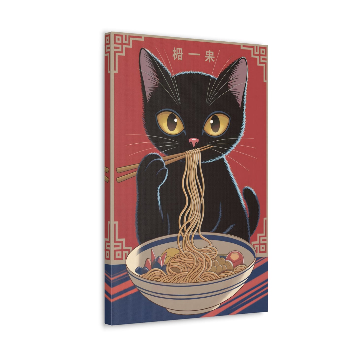 Kawaii anime cat eating ramen wall art canvas.