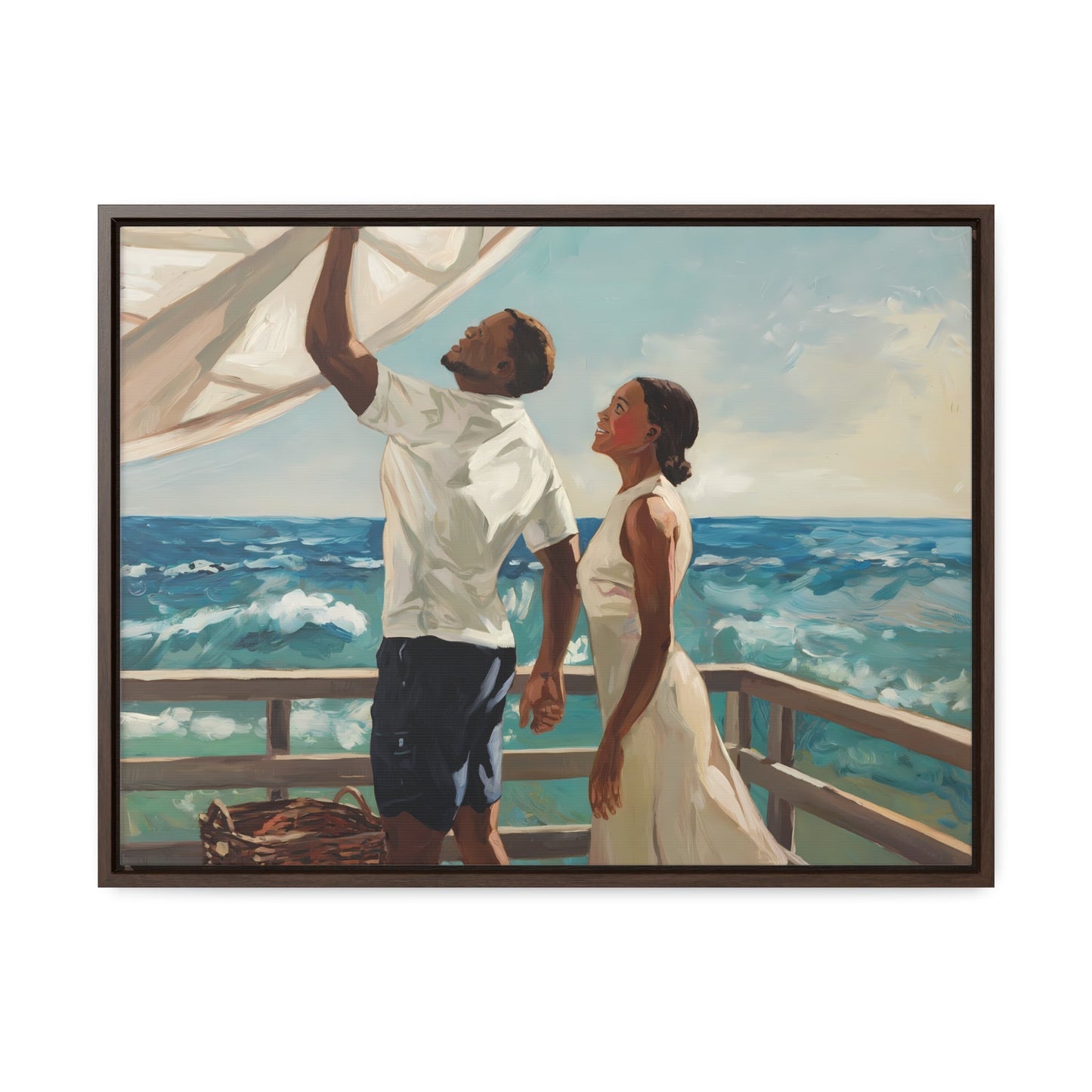 African American couple painting on coastal deck, serene ocean backdrop, wicker basket detail, dynamic brushstrokes, perfect for coastal living decor.