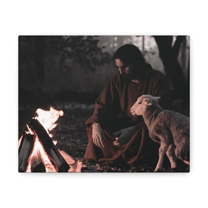 Limited edition Jesus painting with lamb and sacred flame in monochrome, Christian wall art.