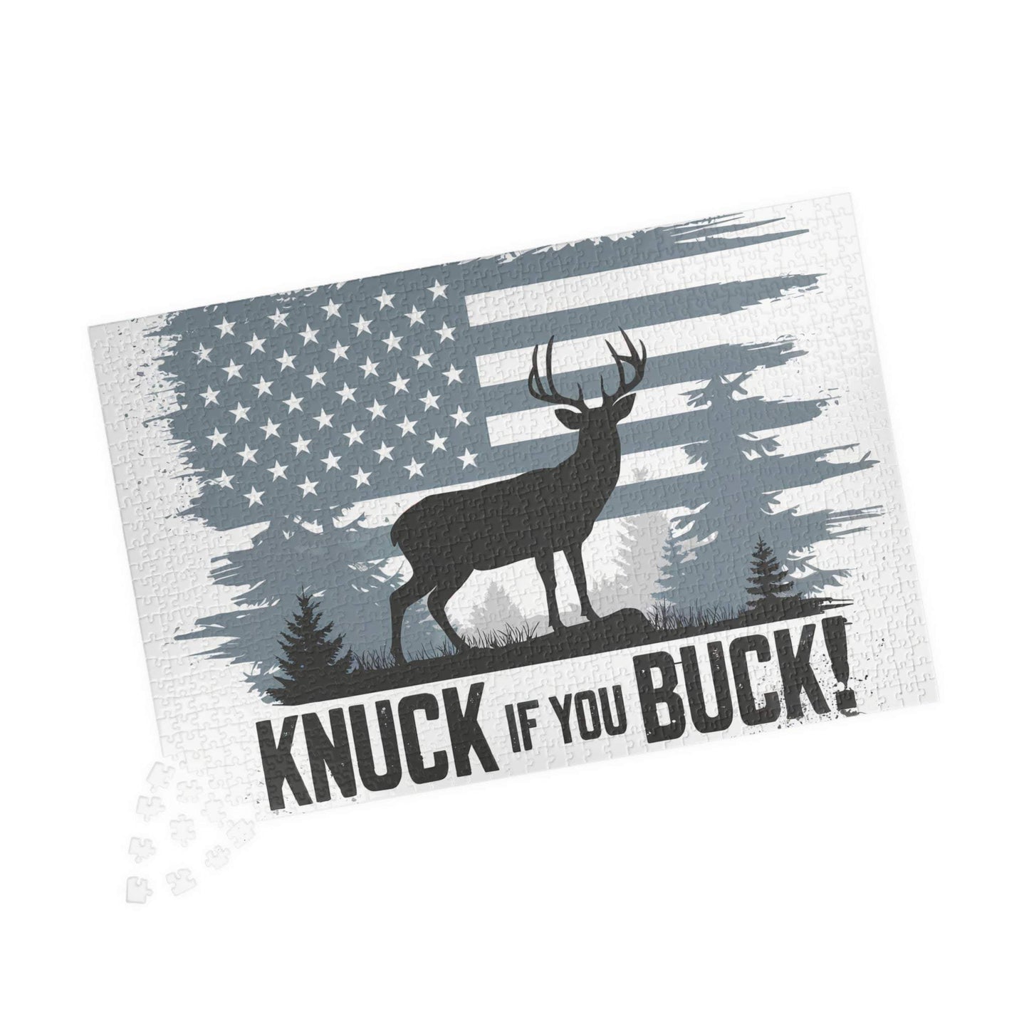 Hunting Themed Puzzle featuring "Knuck If You Buck" design with deer silhouette and American flag backdrop.