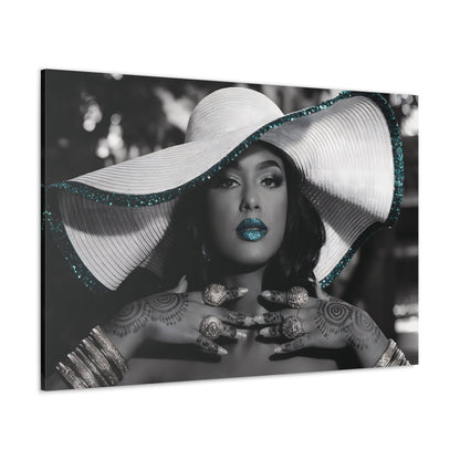 Black and white Vogue portrait canvas of a confident woman in a wide-brimmed hat with blue glitter lipstick and intricate mendhi designs.