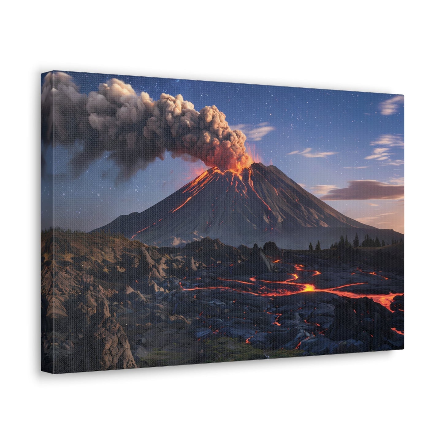 Dramatic volcano landscape canvas with glowing lava and starry night sky.