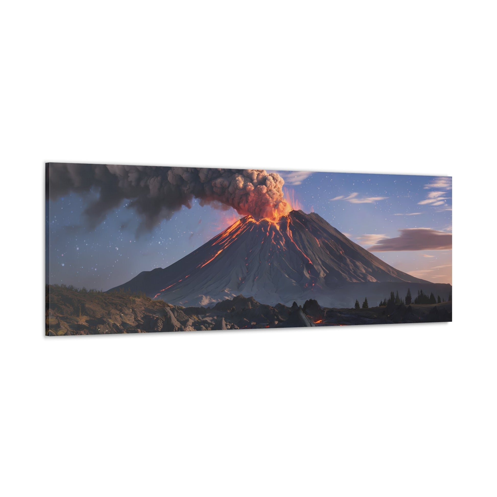 Dramatic volcano landscape canvas wall art with fiery lava flows and starry night sky.