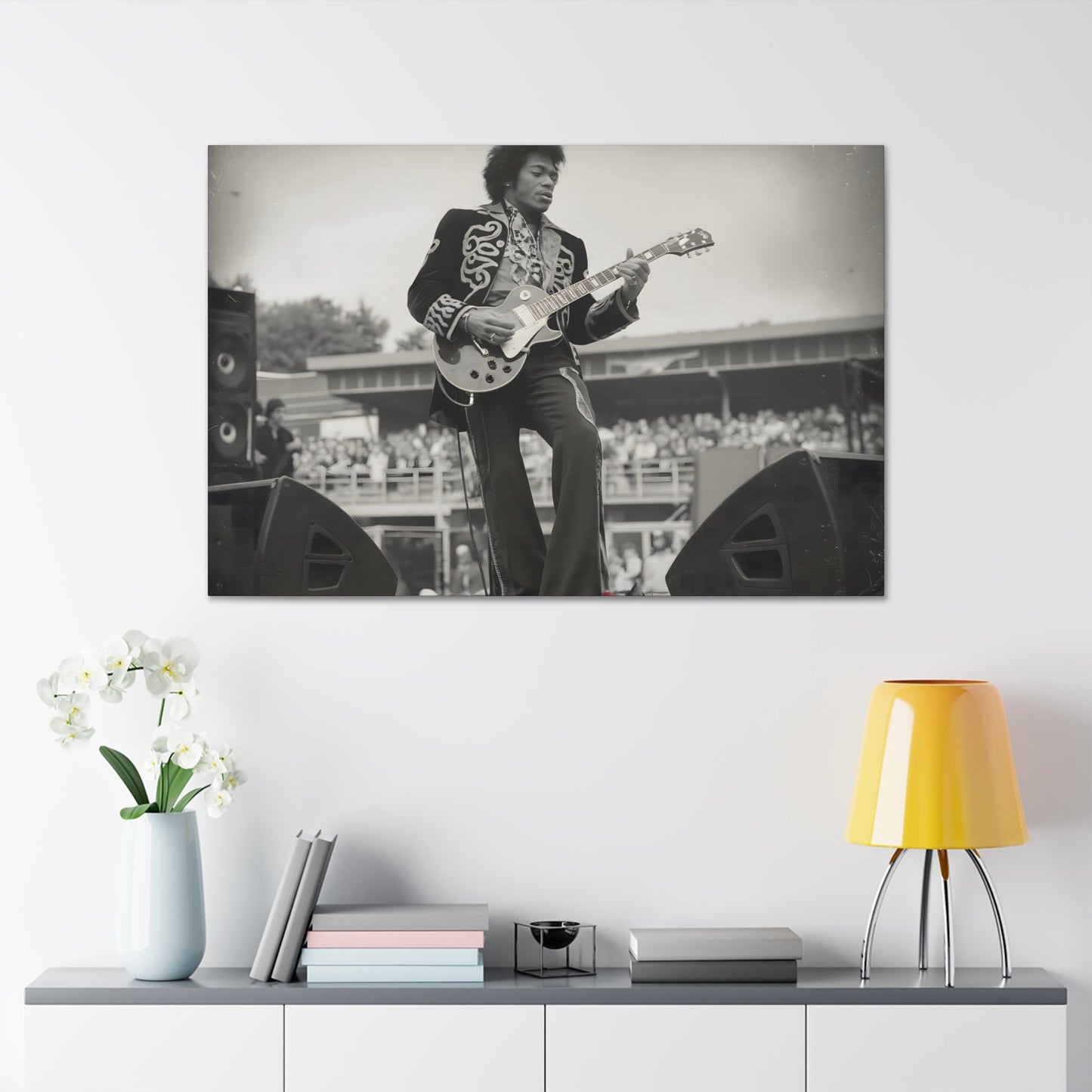 Vintage-Style Jimi HendrixVintage-Style Jimi Hendrix Performance Photo - Unique Black-and-White CanvasExperience the raw energy of Jimi Hendrix in this vintage-style black-and-white photo. This unique art print captures the iconic guitarist mid-performance, surrounde