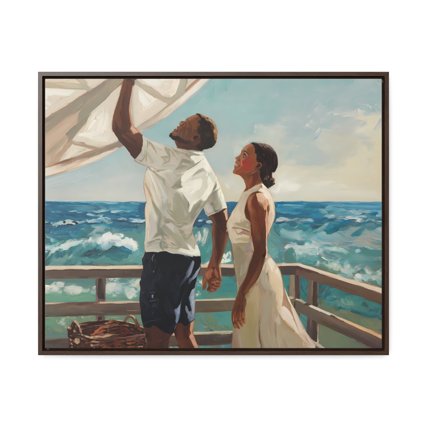 African American couple painting on coastal deck with ocean waves and wicker basket, capturing serene and romantic seaside scene.