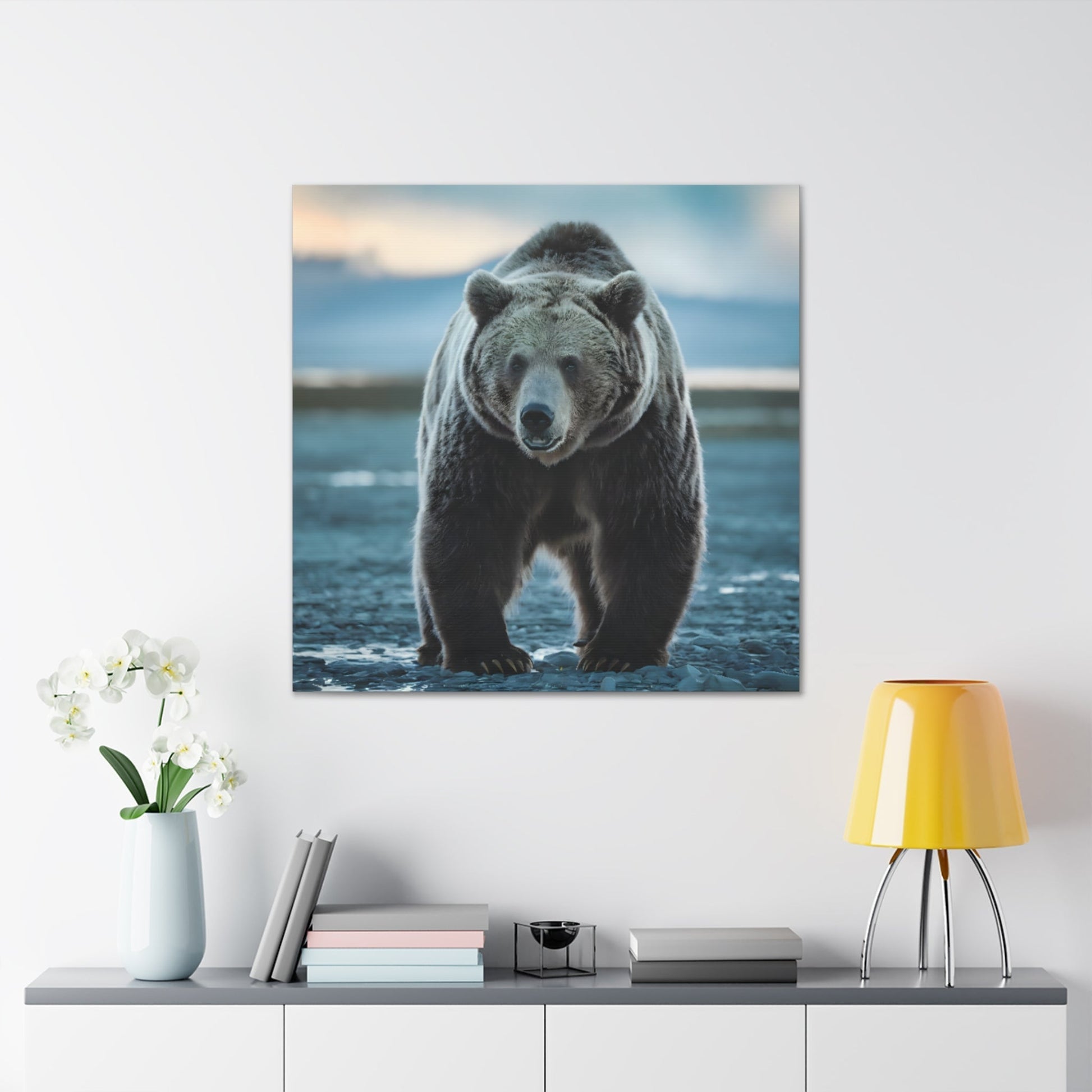 Majestic brown bear canvas wall art displayed above a modern console table.