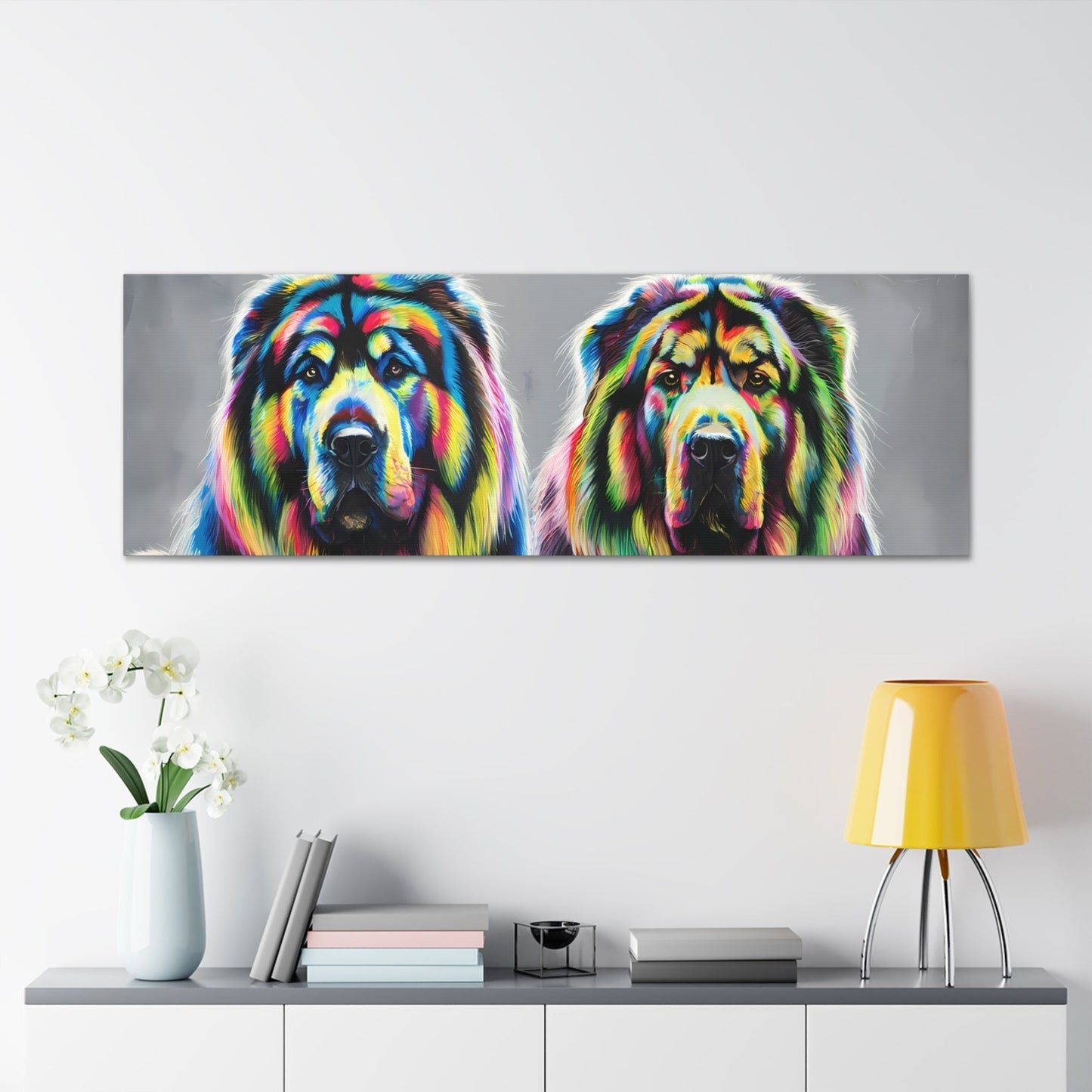 Vibrant rainbow Tibetan Mastiff canvas wall art in modern home setting.