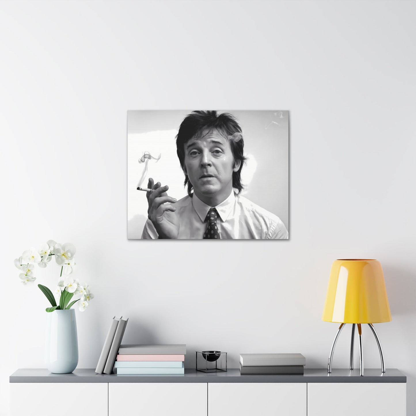 Black and white Paul McCartney portrait with cigarette smoke, 1960s inspired decor, modern wall art.