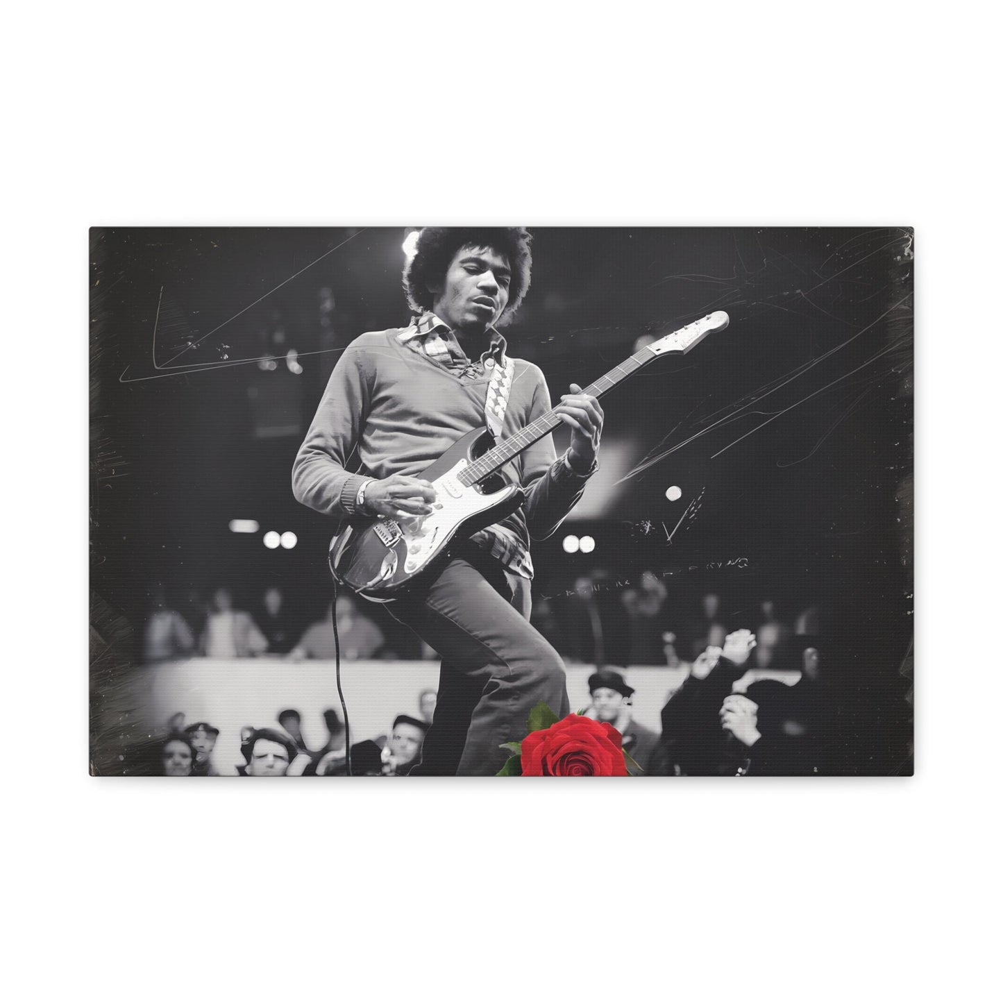 Jimi Hendrix Vintage PerformanceTimeless Passion: Jimi Hendrix Vintage Performance | Canvas Gallery WrCanvasJimi Hendrix Vintage Performance | Canvas Gallery Wrap | Iconic Rock Wall Art
Jimi Hendrix Vintage Photo Art - Black and White with Red Rose Accent
 Experience the r