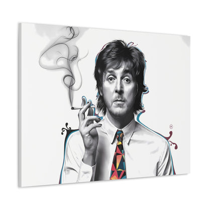 Paul McCartney Art canvas with surrealist portrait, cigarette, and bold geometric tie design.